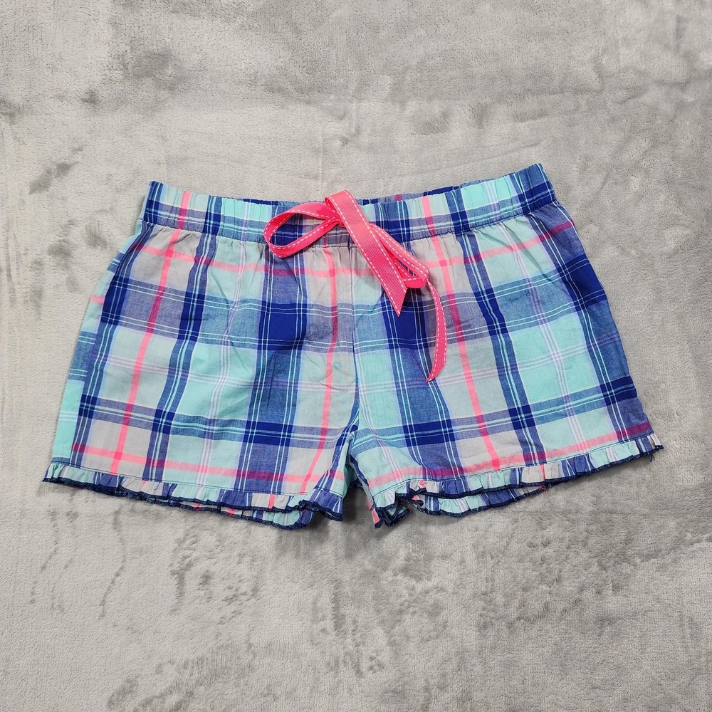 Jenni By Jennifer Moore Shorts Womens S Blue Pink Plaid Ruffle Hem Lounge Pajama